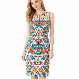 Adrianna Papell Tropical Floral Sheath Dress Multicolor Sleeveless Cutout 10